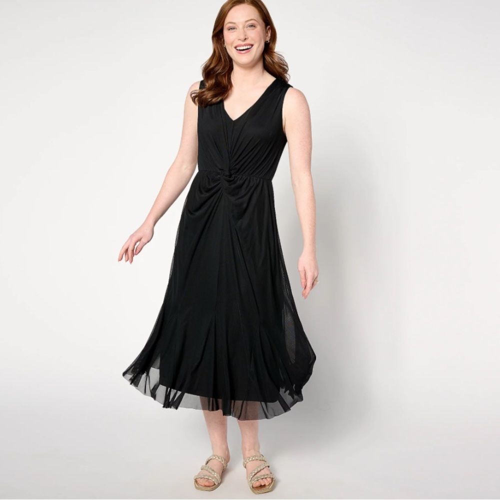 Isaac Mizrahi Live! Regular Always Isaac Twist Front Mesh Midi Dress Sz Medium